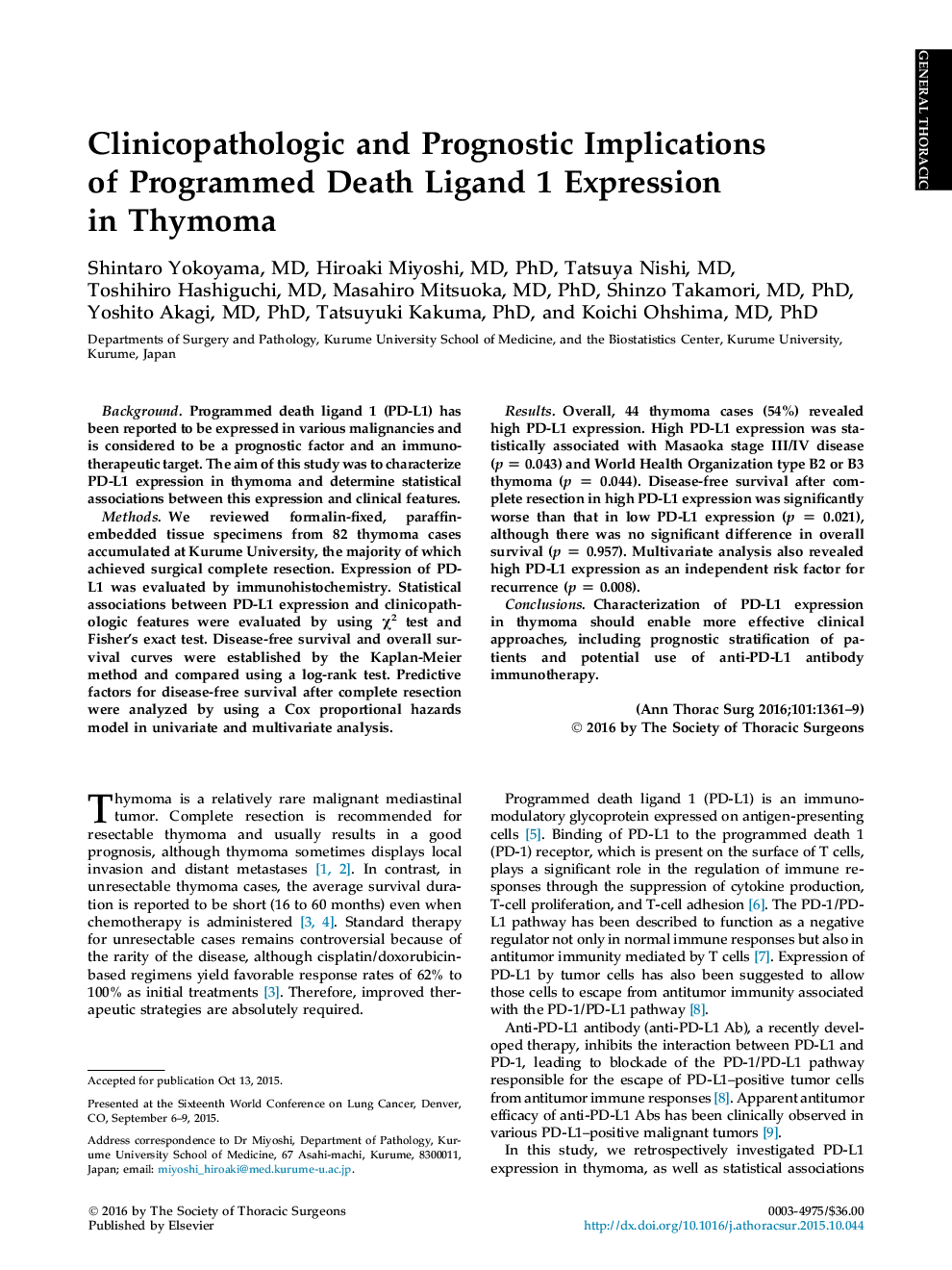 Clinicopathologic and Prognostic Implications of Programmed Death Ligand 1 Expression in Thymoma