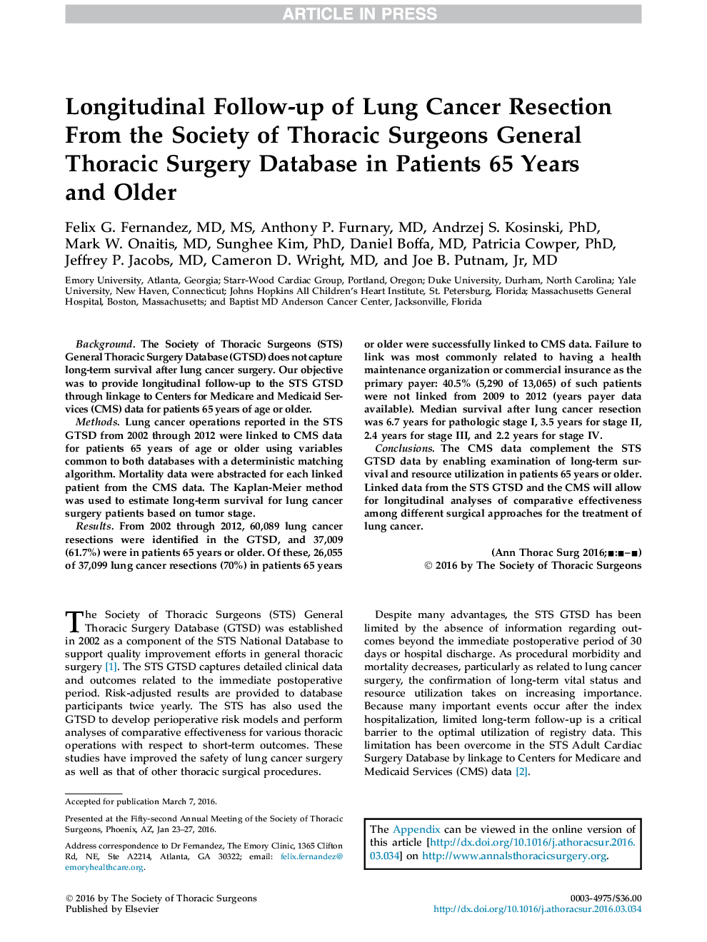 پیگیری طولی ریزش سرطان ریه از جامعه جراحان قفسه سینه پایگاه اطلاعات جراحی قفسه سینه در بیماران 65 ساله و سالمند 
