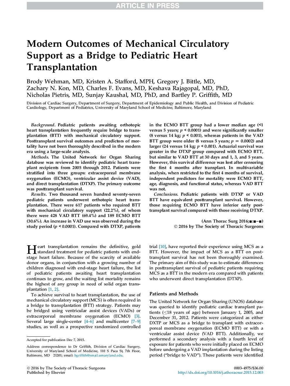 Modern Outcomes of Mechanical Circulatory Support as a Bridge to Pediatric Heart Transplantation