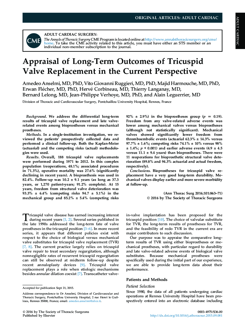 Appraisal of Long-Term Outcomes of Tricuspid Valve Replacement in the Current Perspective