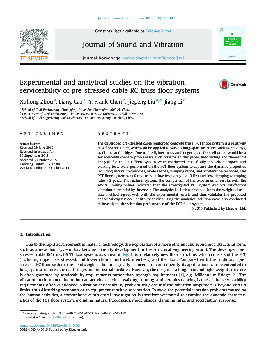 Experimental and analytical studies on the vibration serviceability of pre-stressed cable RC truss floor systems