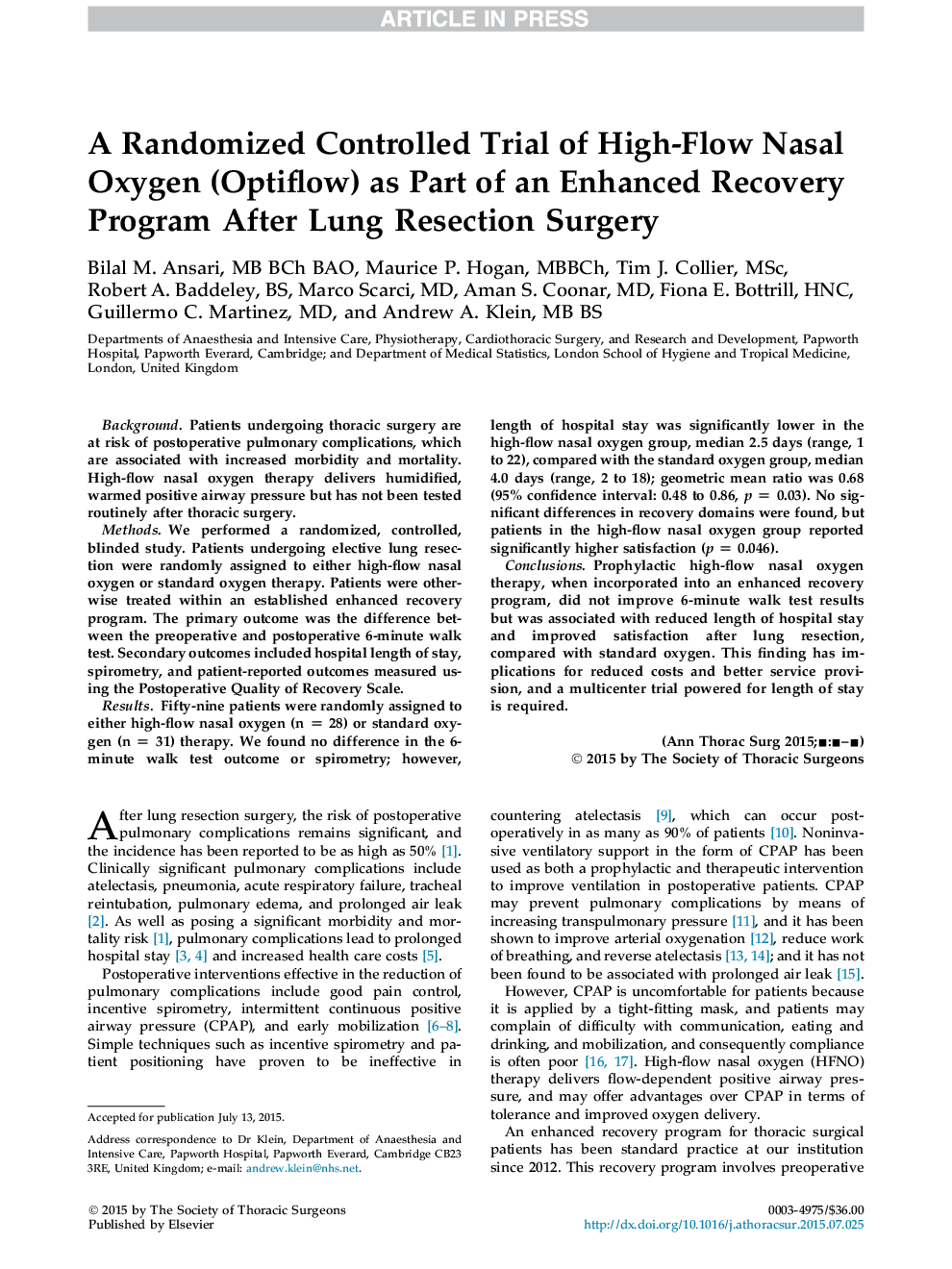 A Randomized Controlled Trial of High-Flow Nasal Oxygen (Optiflow) as Part of an Enhanced Recovery Program After Lung Resection Surgery