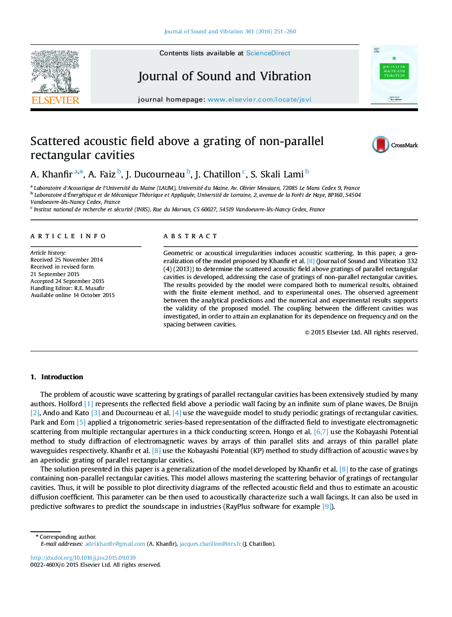 Scattered acoustic field above a grating of non-parallel rectangular cavities
