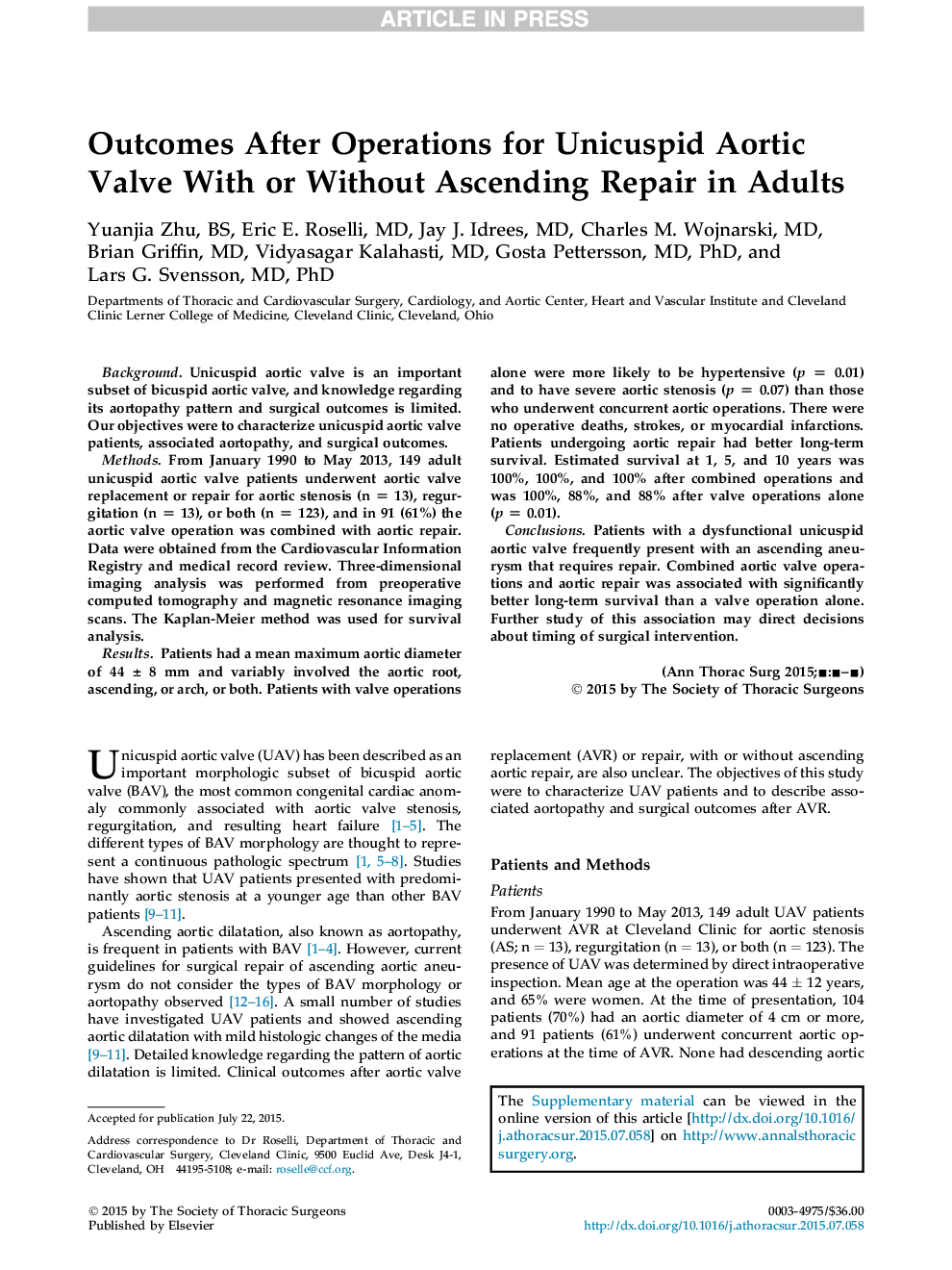 Outcomes After Operations for Unicuspid Aortic Valve With or Without Ascending Repair in Adults