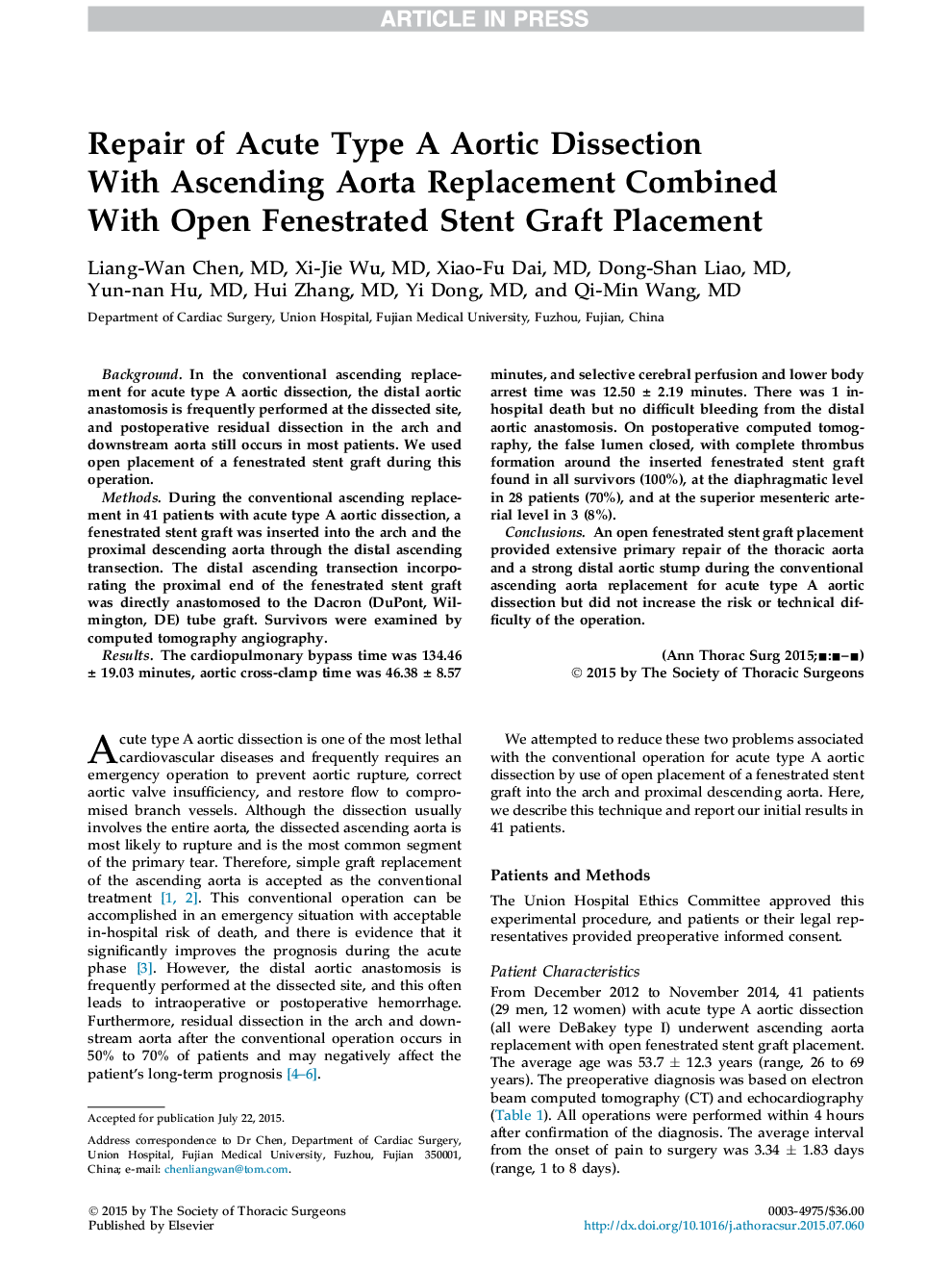 Repair of Acute Type A Aortic Dissection With Ascending Aorta Replacement Combined With Open Fenestrated Stent Graft Placement