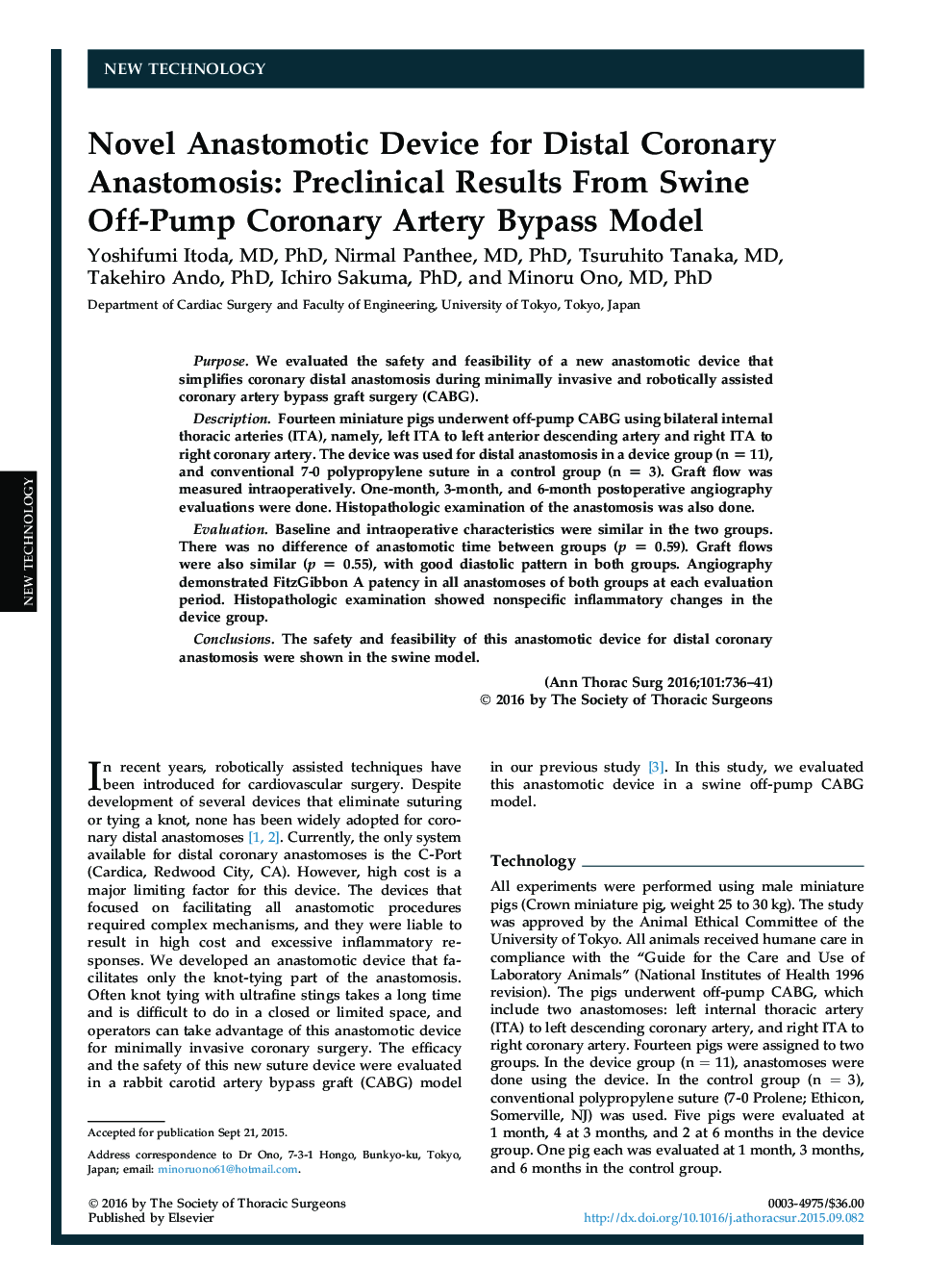 Novel Anastomotic Device for Distal Coronary Anastomosis: Preclinical Results From Swine Off-Pump Coronary Artery Bypass Model