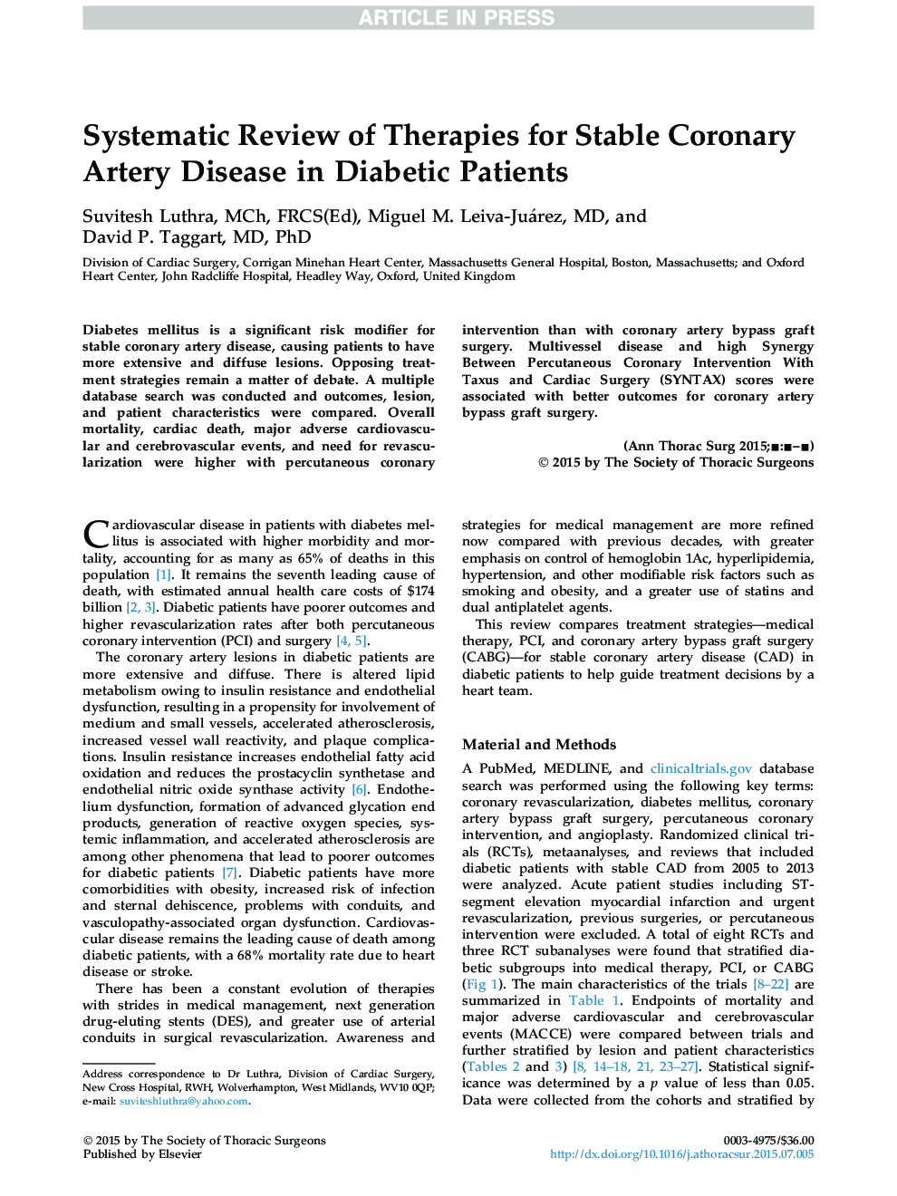 Systematic Review of Therapies for Stable Coronary Artery Disease in Diabetic Patients