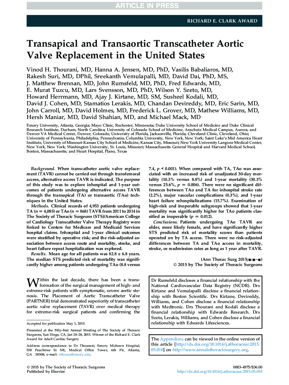 Transapical and Transaortic Transcatheter Aortic Valve Replacement in the United States