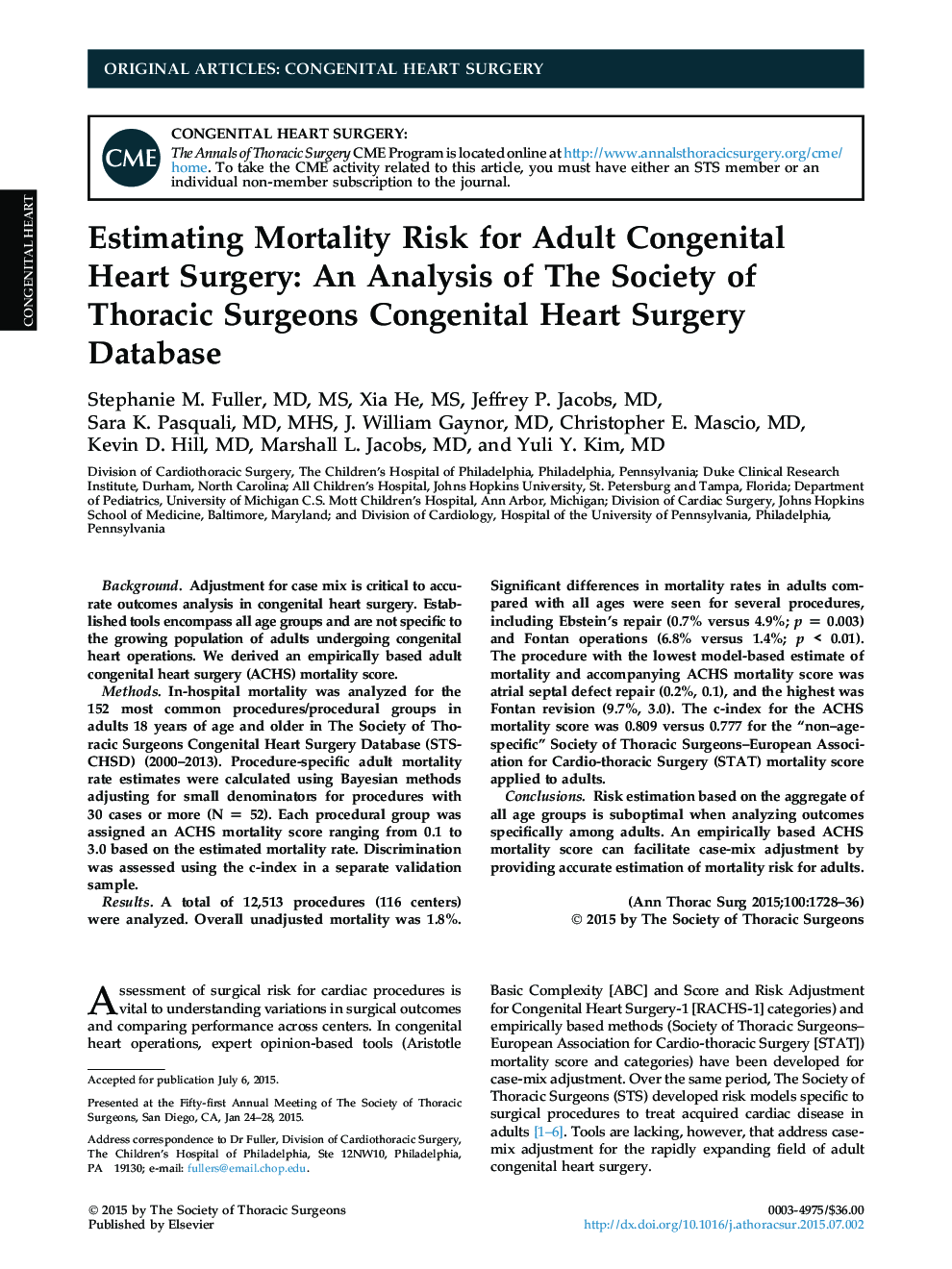 Estimating Mortality Risk for Adult Congenital Heart Surgery: An Analysis of The Society of Thoracic Surgeons Congenital Heart Surgery Database