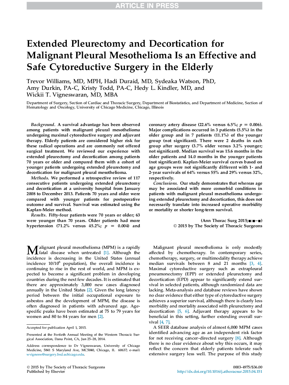 Extended Pleurectomy and Decortication for Malignant Pleural Mesothelioma Is an Effective and Safe Cytoreductive Surgery in the Elderly