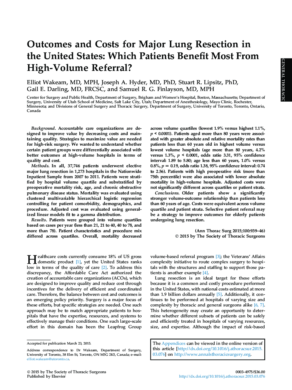 Outcomes and Costs for Major Lung Resection in the United States: Which Patients Benefit Most From High-Volume Referral?