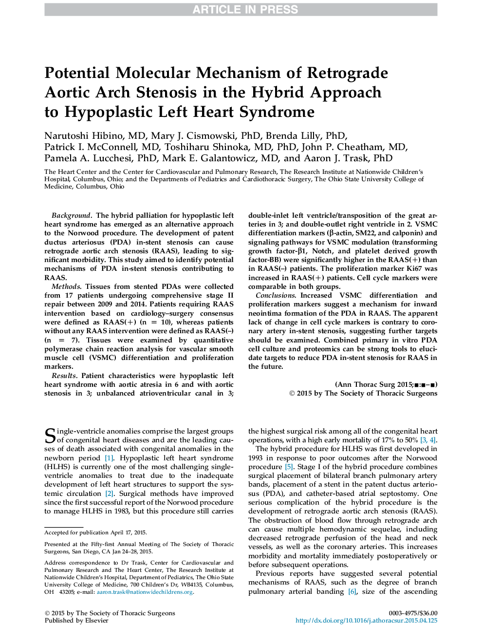 Potential Molecular Mechanism of Retrograde Aortic Arch Stenosis in the Hybrid Approach toÂ Hypoplastic Left Heart Syndrome