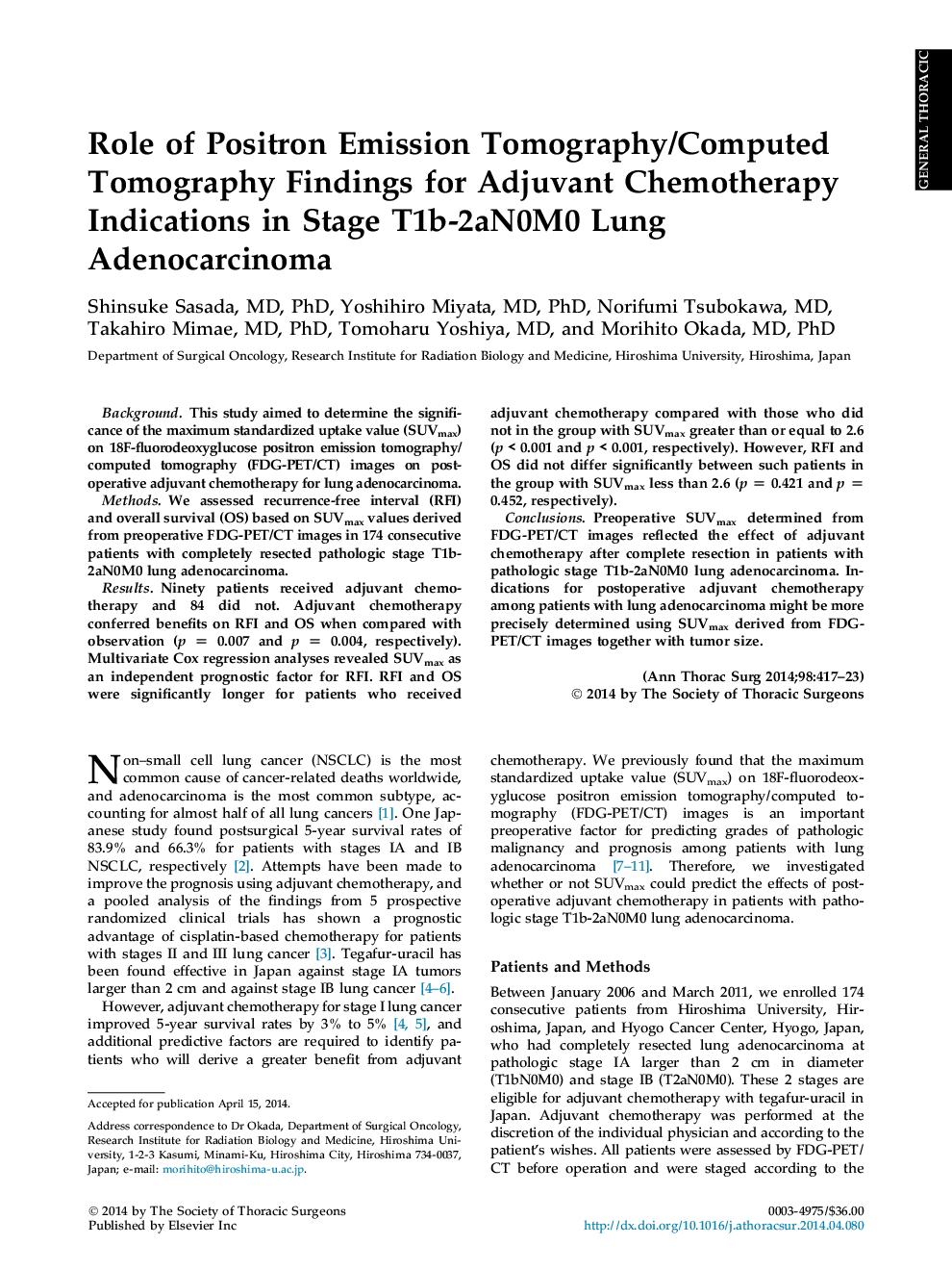 Role of Positron Emission Tomography/Computed Tomography Findings for Adjuvant Chemotherapy Indications in Stage T1b-2aN0M0 Lung Adenocarcinoma