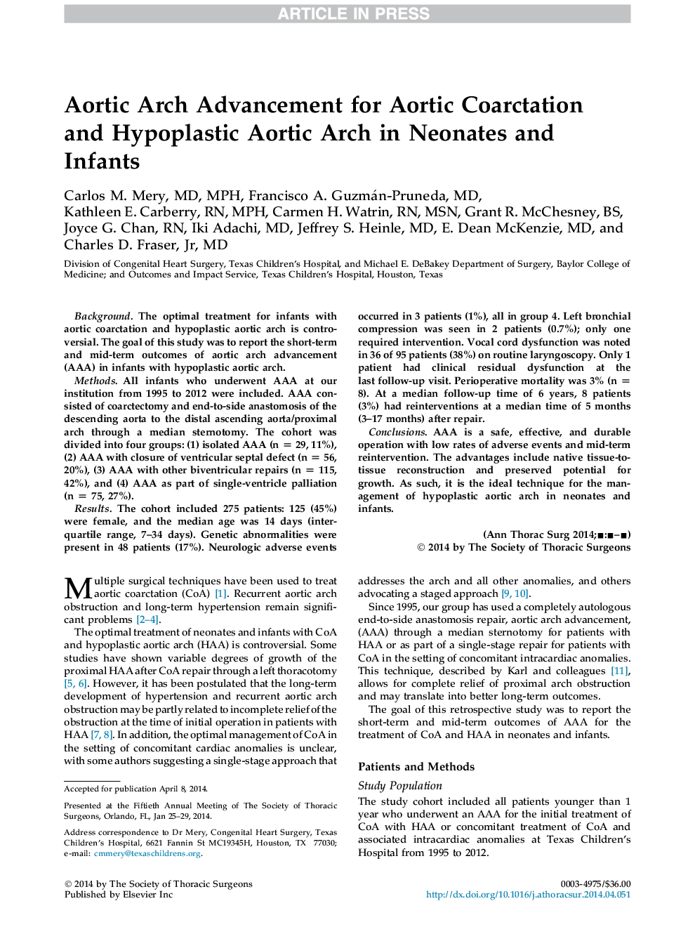 Aortic Arch Advancement for Aortic Coarctation and Hypoplastic Aortic Arch in Neonates and Infants