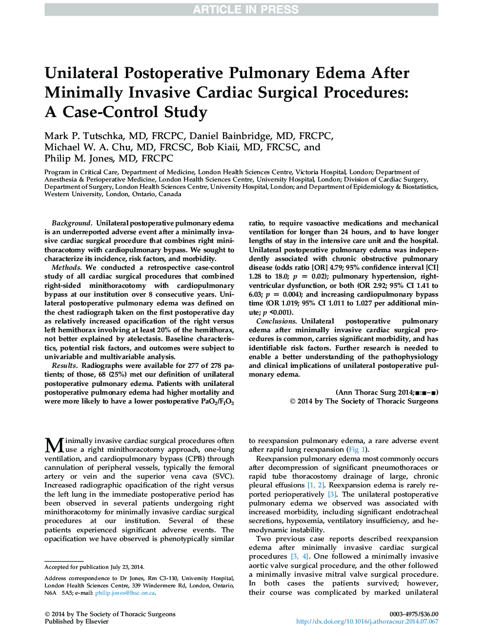 Unilateral Postoperative Pulmonary Edema After Minimally Invasive Cardiac Surgical Procedures: A Case-Control Study