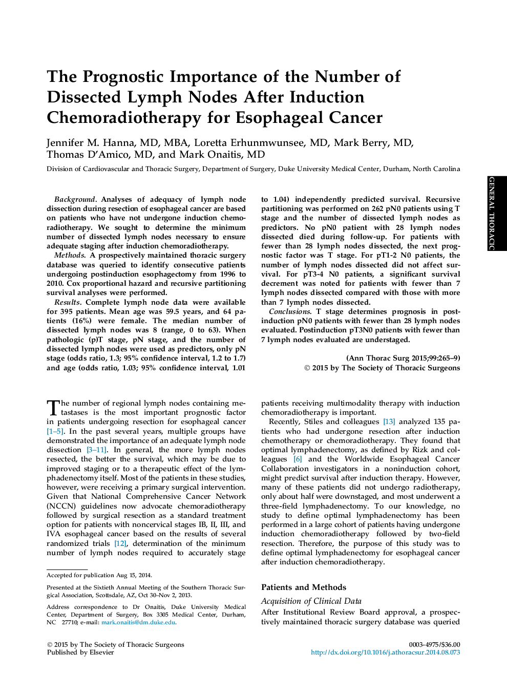 The Prognostic Importance of the Number of Dissected Lymph Nodes After Induction Chemoradiotherapy for Esophageal Cancer