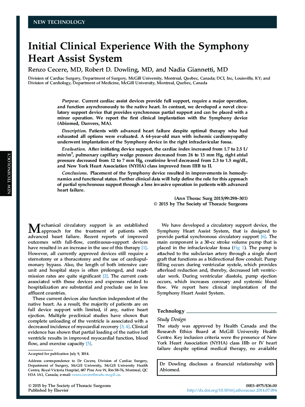 Initial Clinical Experience With the Symphony Heart Assist System
