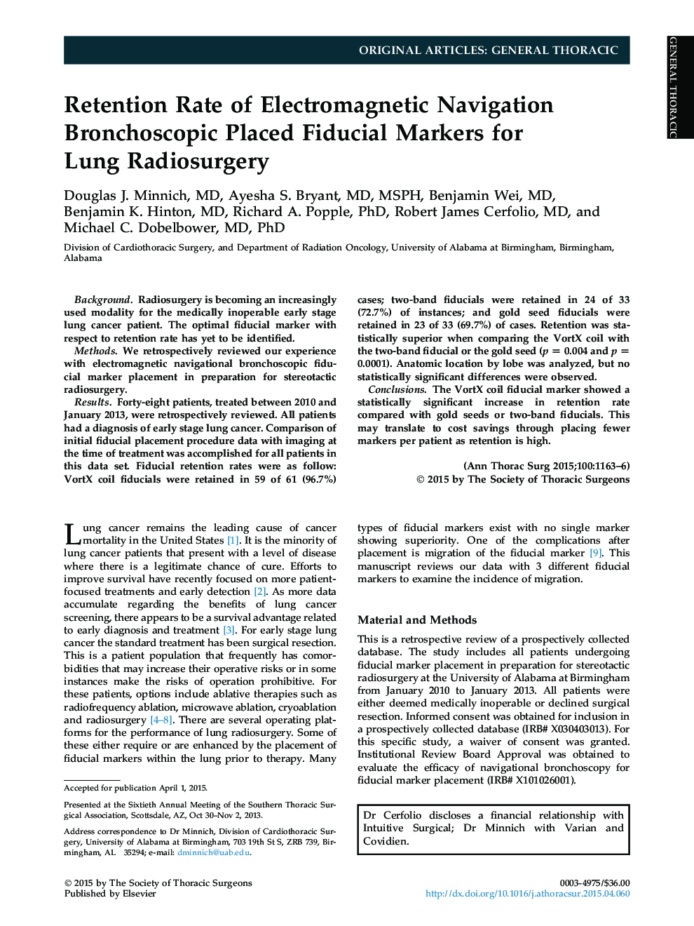 Retention Rate of Electromagnetic Navigation Bronchoscopic Placed Fiducial Markers for LungÂ Radiosurgery