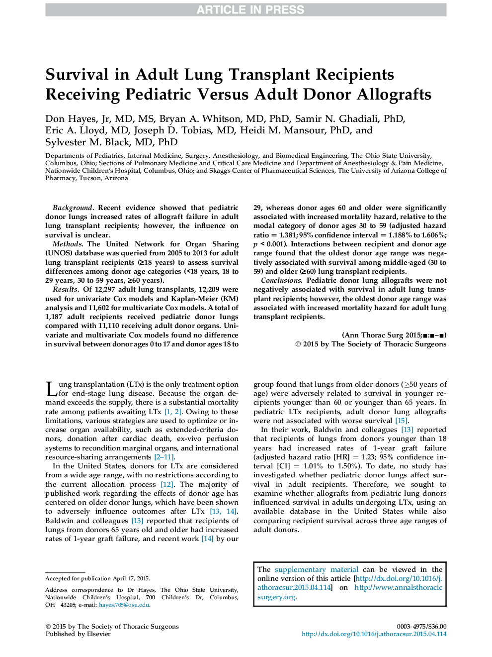 Survival in Adult Lung Transplant Recipients Receiving Pediatric Versus Adult Donor Allografts