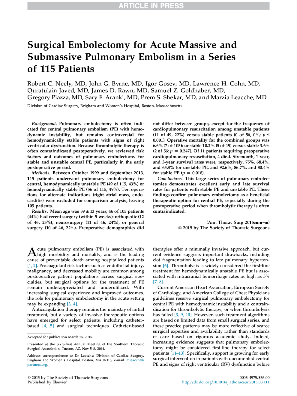 Surgical Embolectomy for Acute Massive and Submassive Pulmonary Embolism in a Series ofÂ 115Â Patients