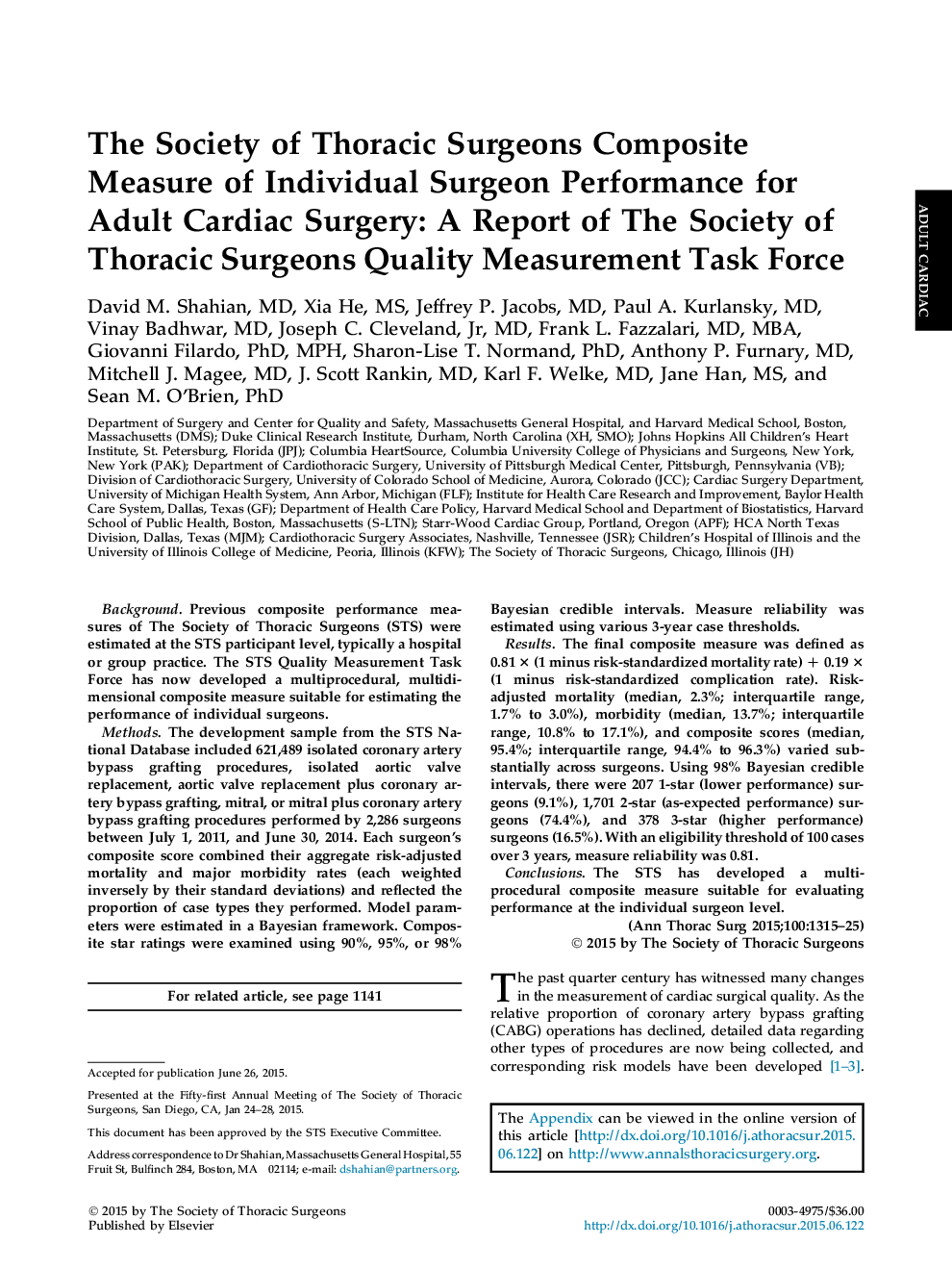 انجمن جراحان ترشحات کامپوزیت اندازه گیری عملکرد جراح فردی برای جراحی قلب بزرگسالان: گزارش انجمن نیروی کار اندازه گیری کیفی جراحان قفسه سینه 