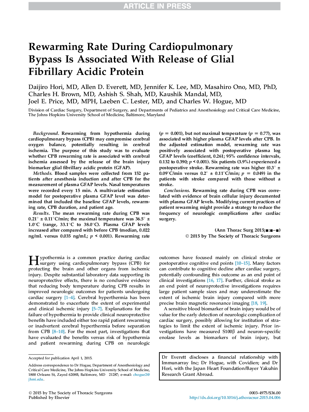 Rewarming Rate During Cardiopulmonary BypassÂ Is Associated With Release of Glial Fibrillary AcidicÂ Protein