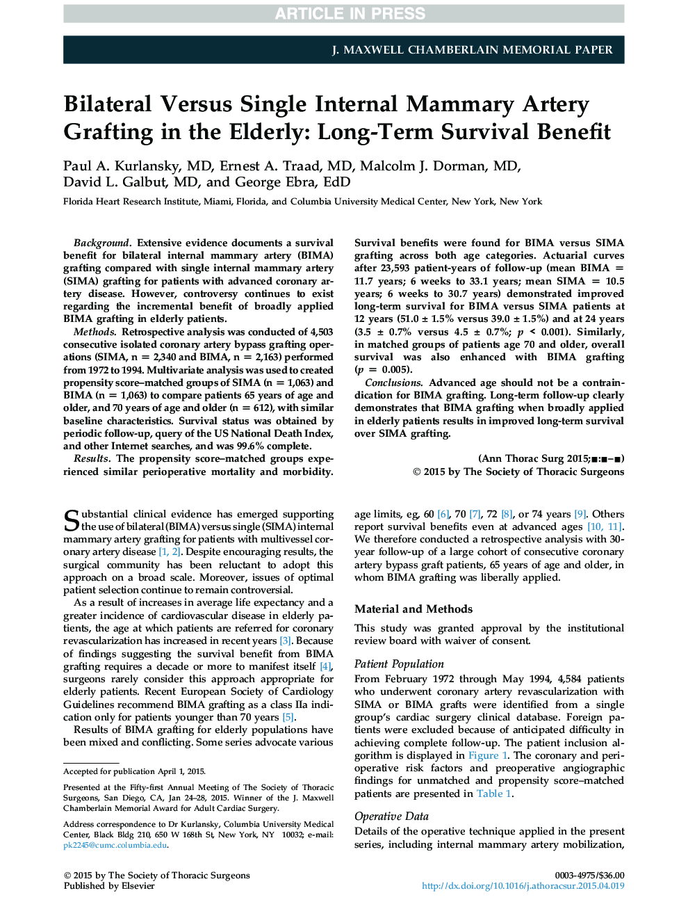 Bilateral Versus Single Internal Mammary Artery Grafting in the Elderly: Long-Term Survival Benefit