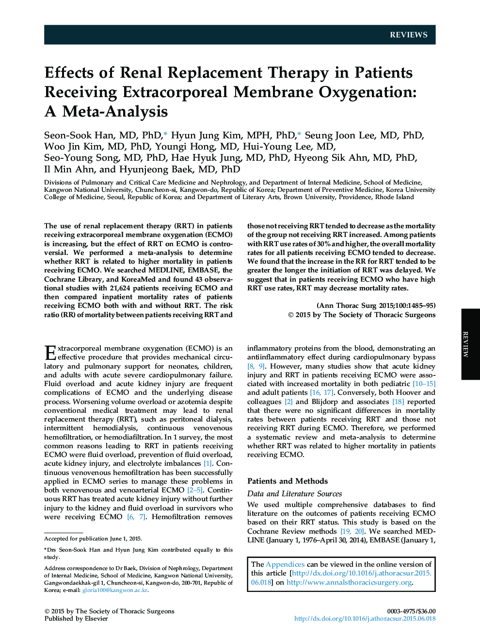 Effects of Renal Replacement Therapy in Patients Receiving Extracorporeal Membrane Oxygenation: A Meta-Analysis