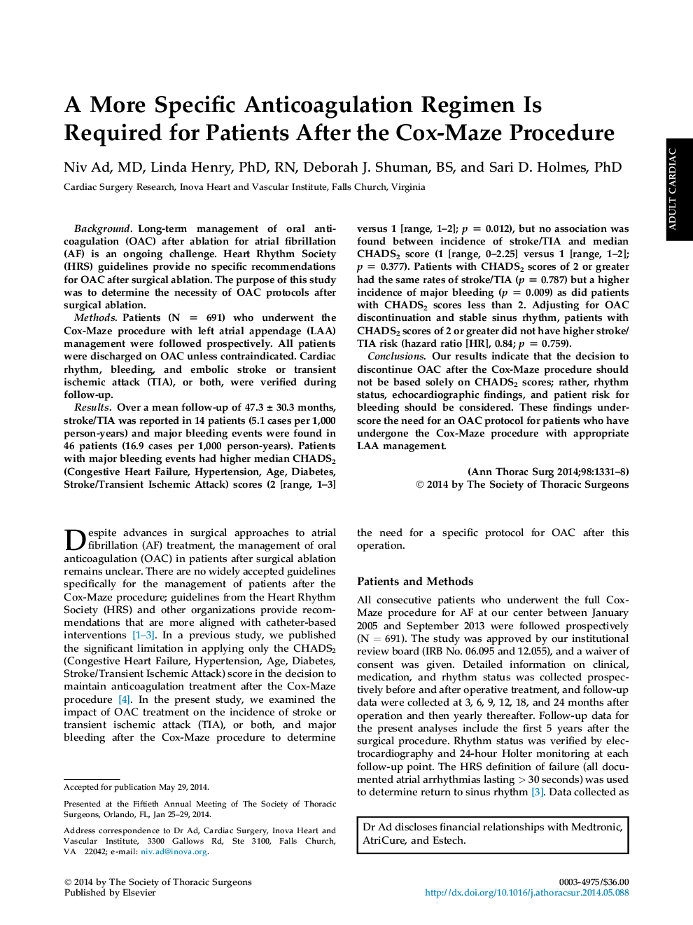 A More Specific Anticoagulation Regimen Is Required for Patients After the Cox-Maze Procedure