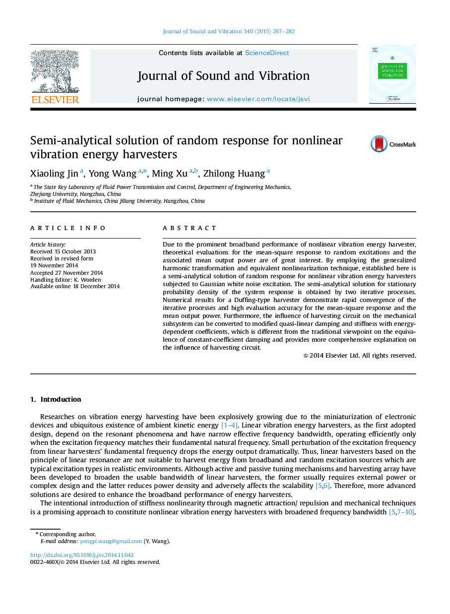 Semi-analytical solution of random response for nonlinear vibration energy harvesters