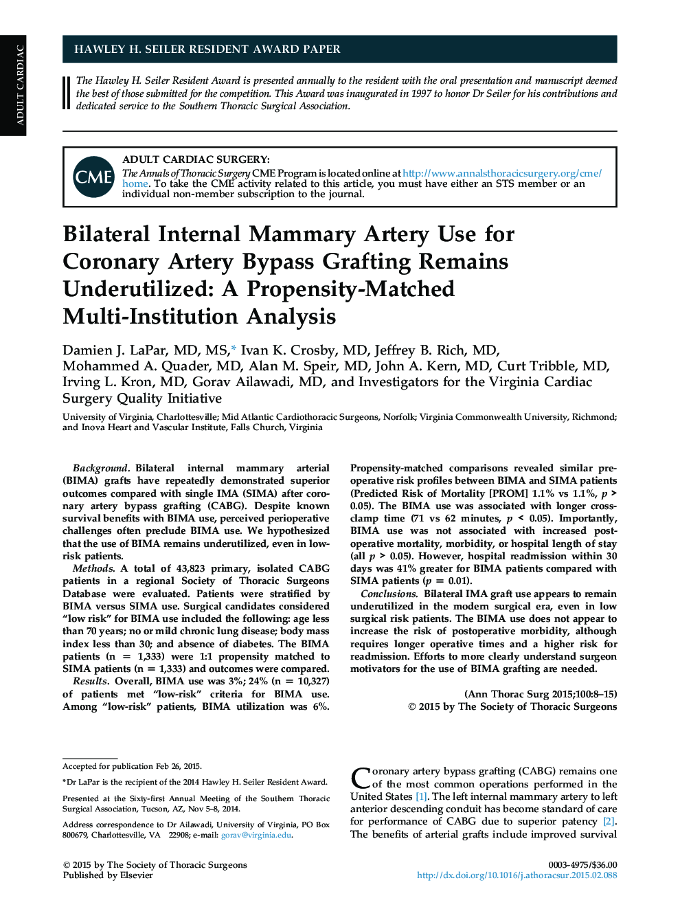 Bilateral Internal Mammary Artery Use for Coronary Artery Bypass Grafting Remains Underutilized: A Propensity-Matched Multi-Institution Analysis