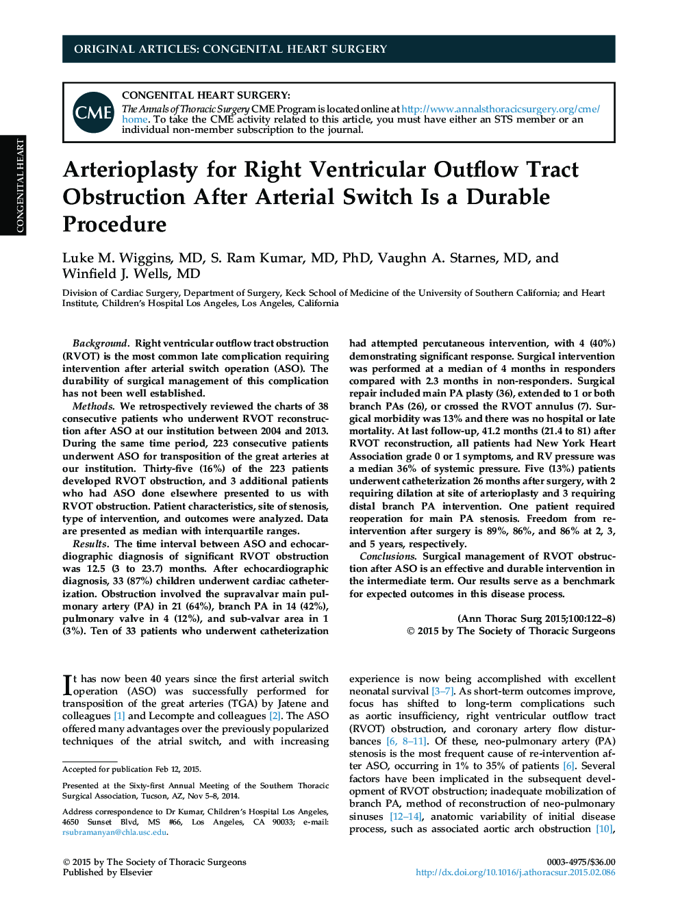 Arterioplasty for Right Ventricular Outflow Tract Obstruction After Arterial Switch Is a Durable Procedure
