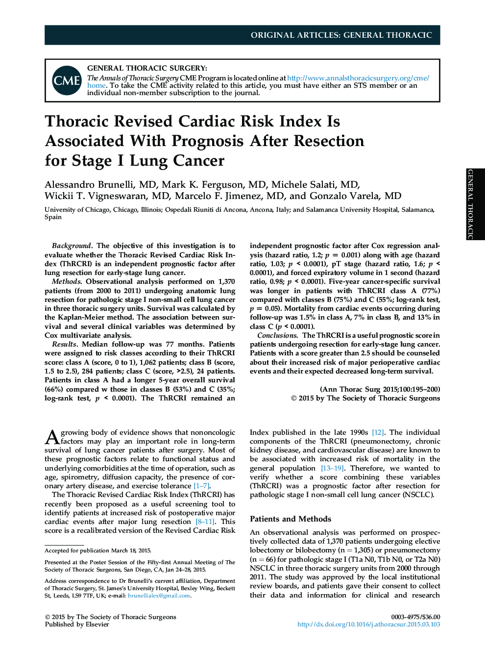 Thoracic Revised Cardiac Risk Index Is Associated With Prognosis After Resection for Stage I Lung Cancer