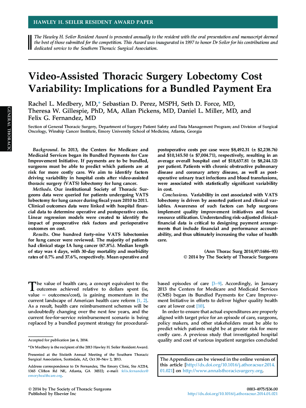 Video-Assisted Thoracic Surgery Lobectomy Cost Variability: Implications for a Bundled Payment Era