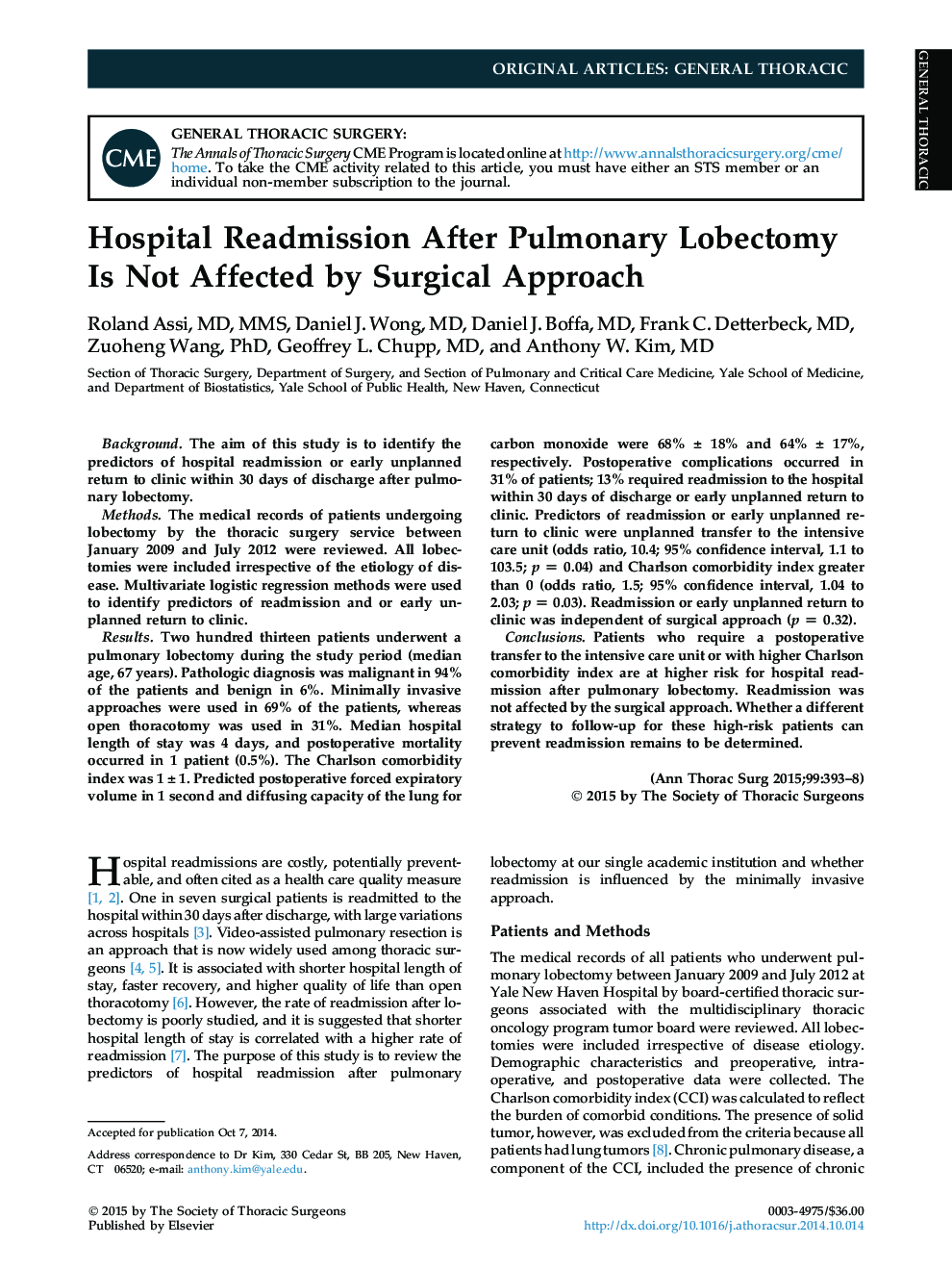 Hospital Readmission After Pulmonary Lobectomy Is Not Affected by Surgical Approach