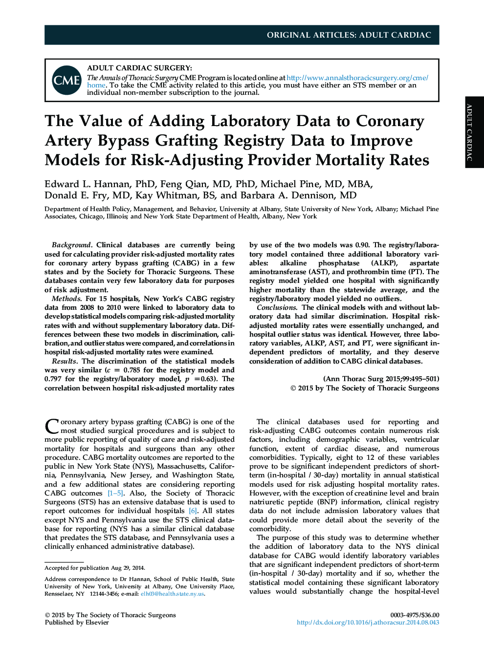 The Value of Adding Laboratory Data to Coronary Artery Bypass Grafting Registry Data to Improve Models for Risk-Adjusting Provider Mortality Rates