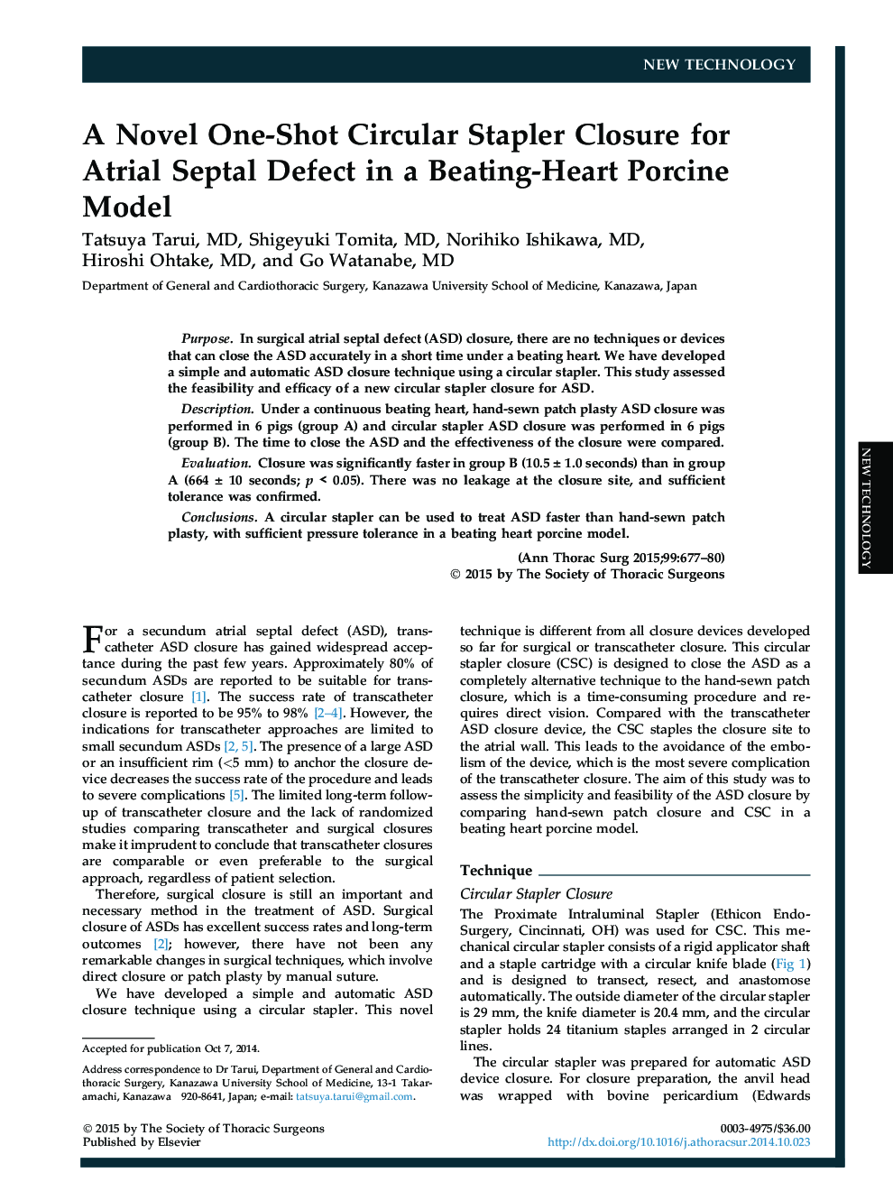 A Novel One-Shot Circular Stapler Closure for Atrial Septal Defect in a Beating-Heart Porcine Model