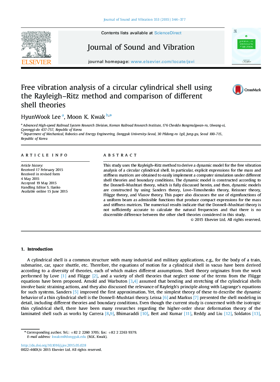 Free vibration analysis of a circular cylindrical shell using the Rayleigh–Ritz method and comparison of different shell theories