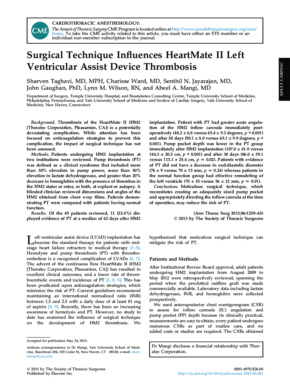 Surgical Technique Influences HeartMate II Left Ventricular Assist Device Thrombosis
