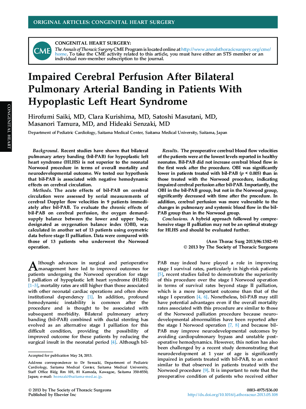 Impaired Cerebral Perfusion After Bilateral Pulmonary Arterial Banding in Patients With Hypoplastic Left Heart Syndrome