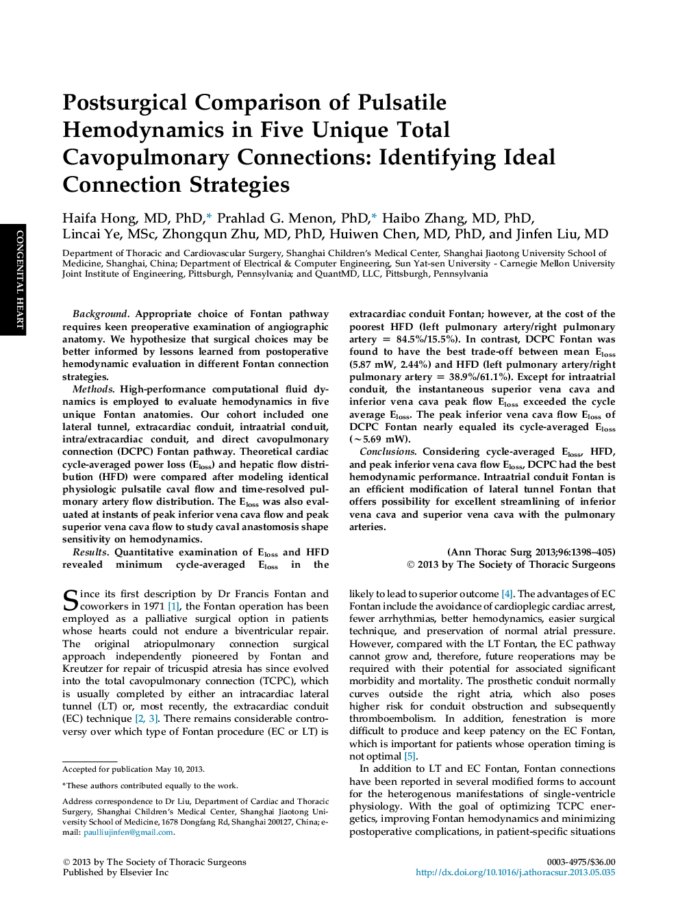 Postsurgical Comparison of Pulsatile Hemodynamics in Five Unique Total Cavopulmonary Connections: Identifying Ideal Connection Strategies