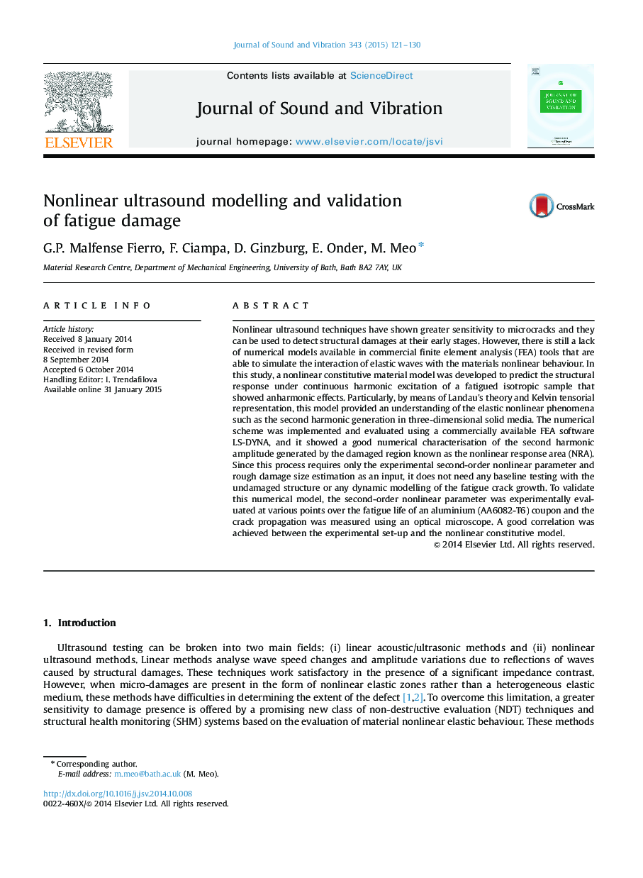 Nonlinear ultrasound modelling and validation of fatigue damage