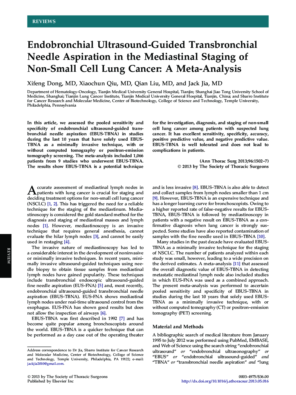 Endobronchial Ultrasound-Guided Transbronchial Needle Aspiration in the Mediastinal Staging of Non-Small Cell Lung Cancer: A Meta-Analysis