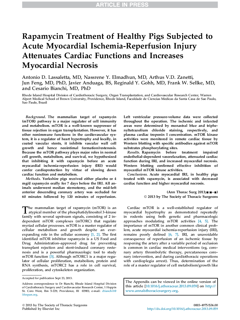 Rapamycin Treatment of Healthy Pigs Subjected to Acute Myocardial Ischemia-Reperfusion Injury Attenuates Cardiac Functions and Increases Myocardial Necrosis