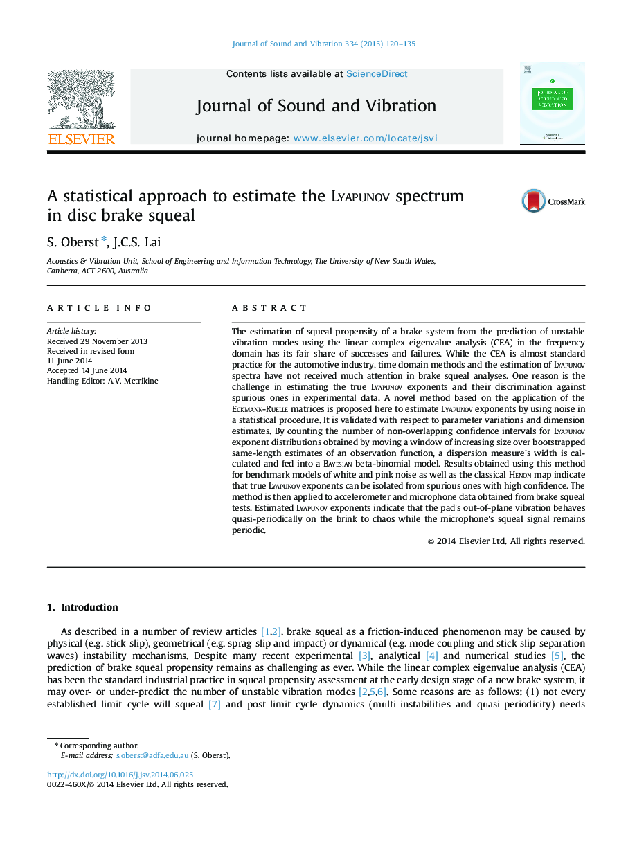 A statistical approach to estimate the Lyapunov spectrum in disc brake squeal