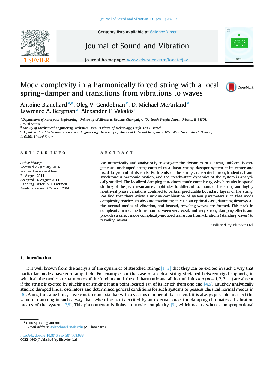 Mode complexity in a harmonically forced string with a local spring–damper and transitions from vibrations to waves