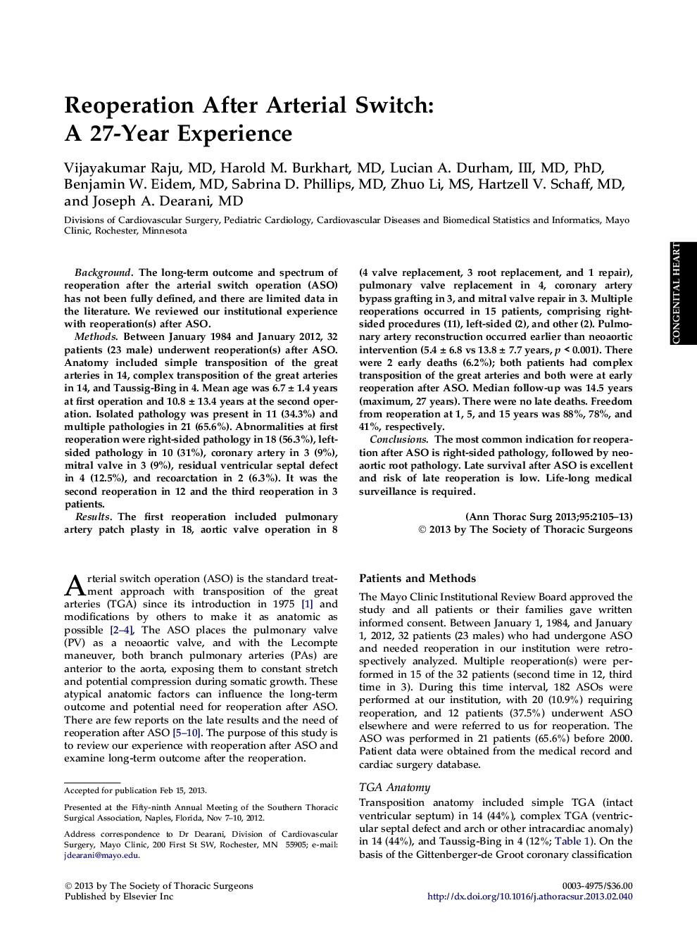 Reoperation After Arterial Switch: A 27-Year Experience