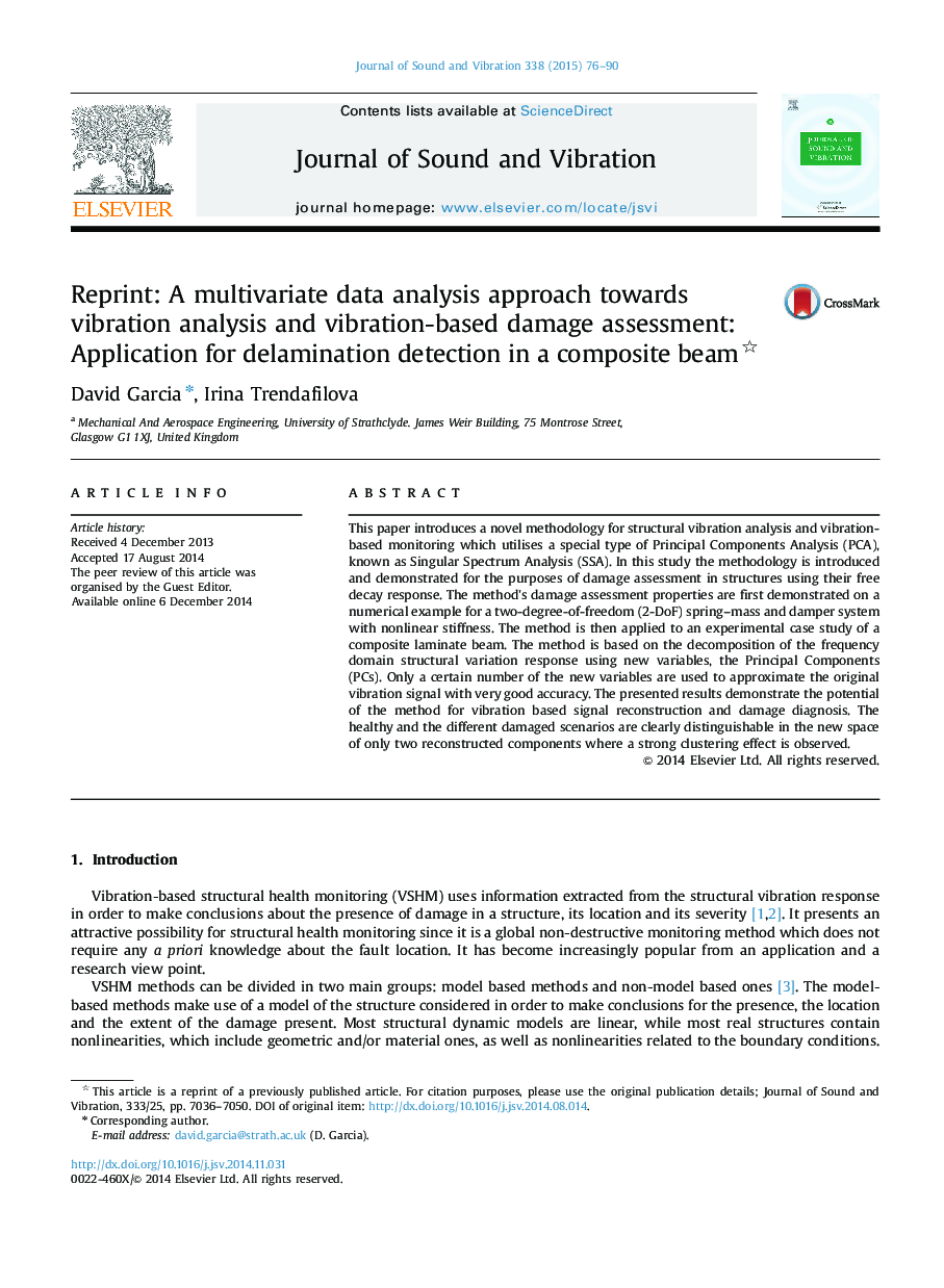 Reprint: A multivariate data analysis approach towards vibration analysis and vibration-based damage assessment: Application for delamination detection in a composite beam 