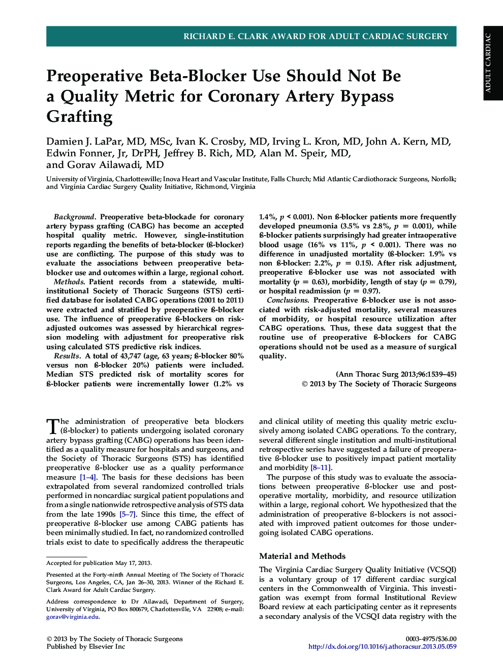 Preoperative Beta-Blocker Use Should Not Be a Quality Metric for Coronary Artery Bypass Grafting