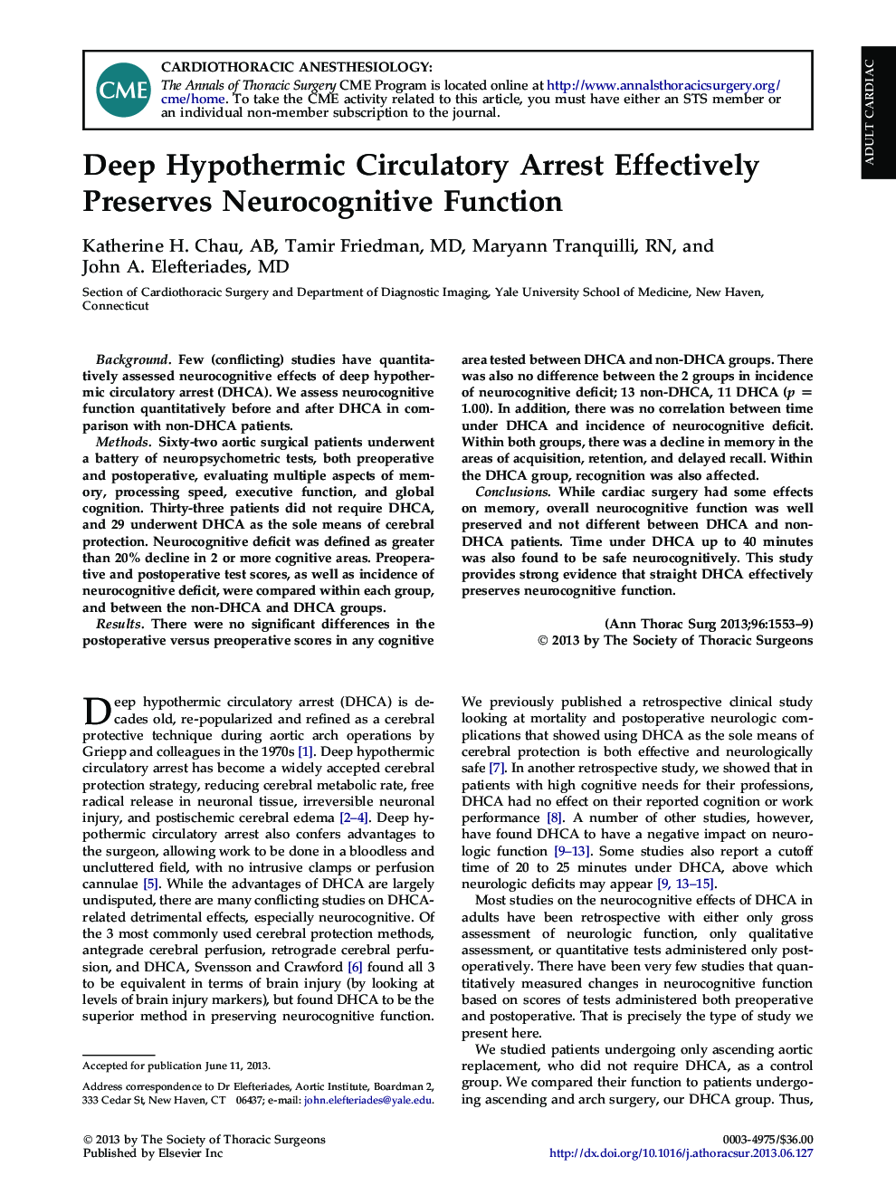 Deep Hypothermic Circulatory Arrest Effectively Preserves Neurocognitive Function
